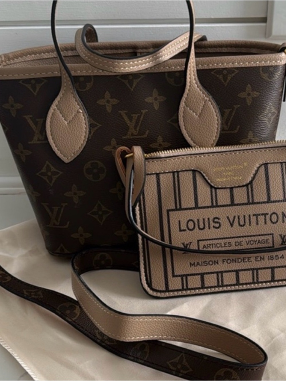 Source Unknown Brown Monogram Tote with Beige Trim and Matching Pouch